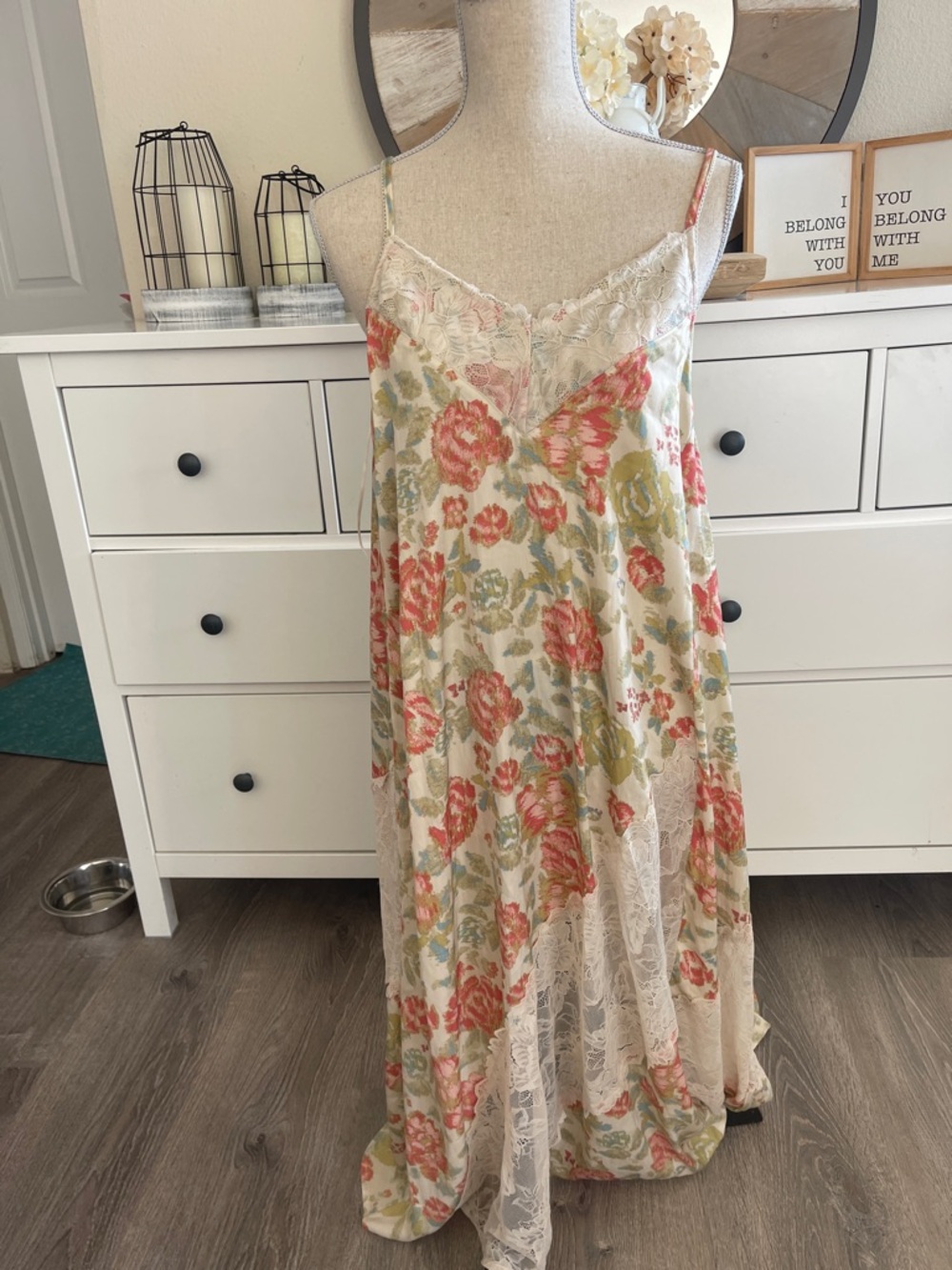 Floral Lace-Trim Maxi Slip Dress in Cream with Coral and Sage Accents